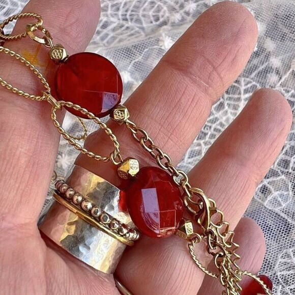 Red & Gold Bead Link Chain Necklace - Picture 6 of 8